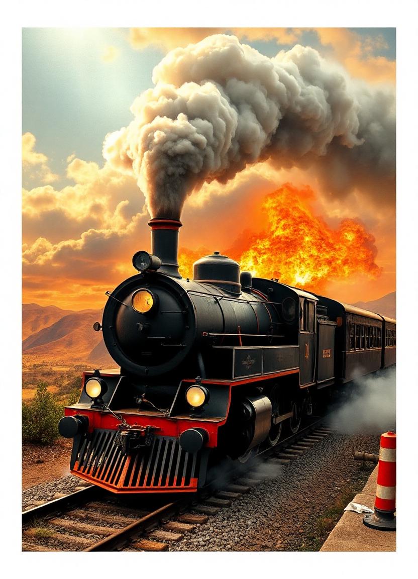 Black steam train rides through desert at sunset Black steam train rides through desert at sunset