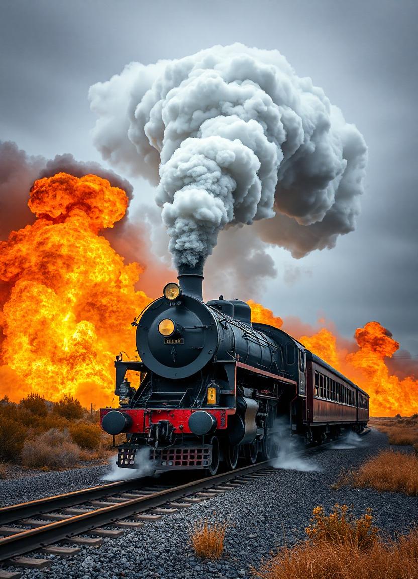 A steam train passes a field with a fire behind A steam train passes a field with a fire behind