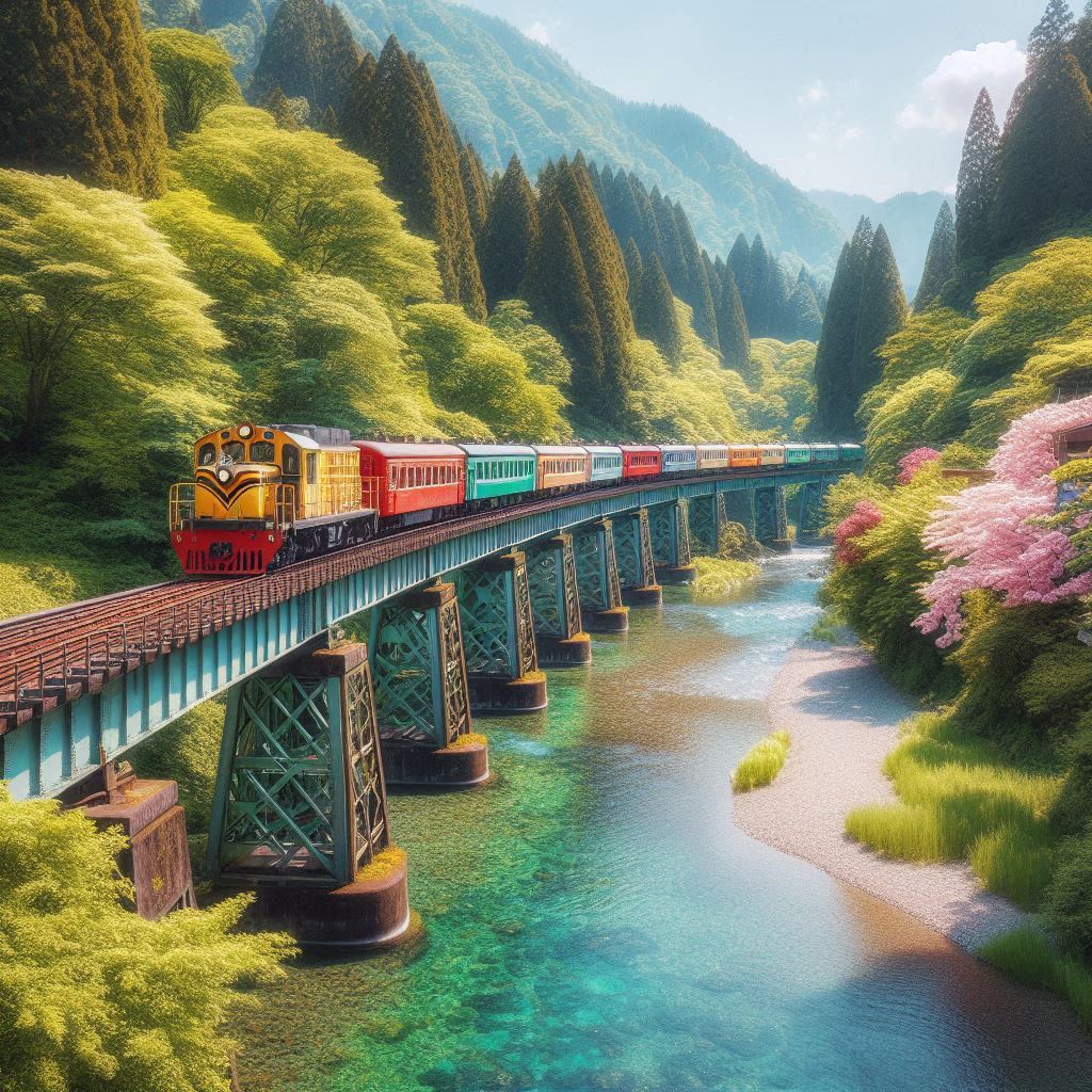 A train travels through a lush valley in japan A train travels through a lush valley in japan