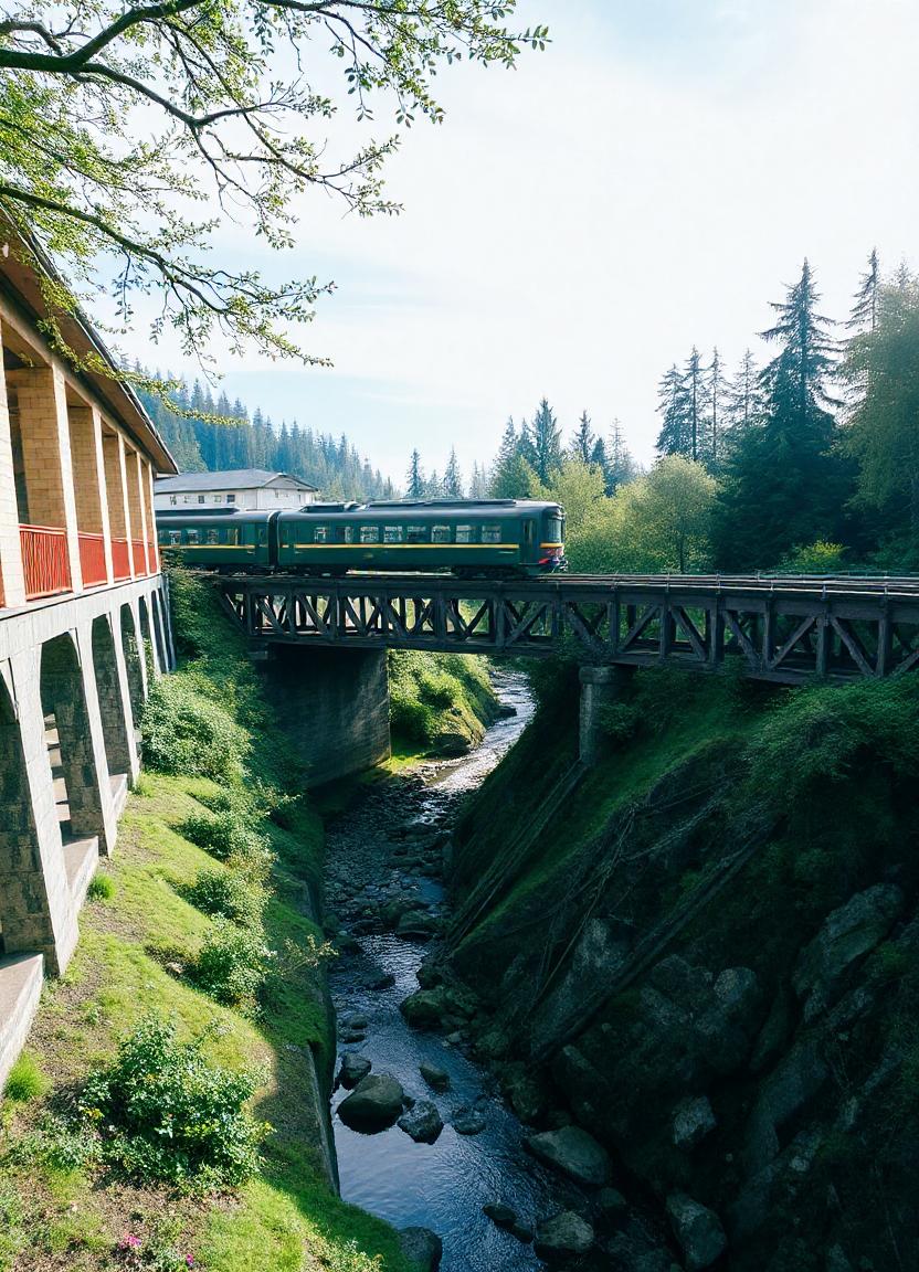 A train crosses a bridge over a stream in the forest A train crosses a bridge over a stream in the forest