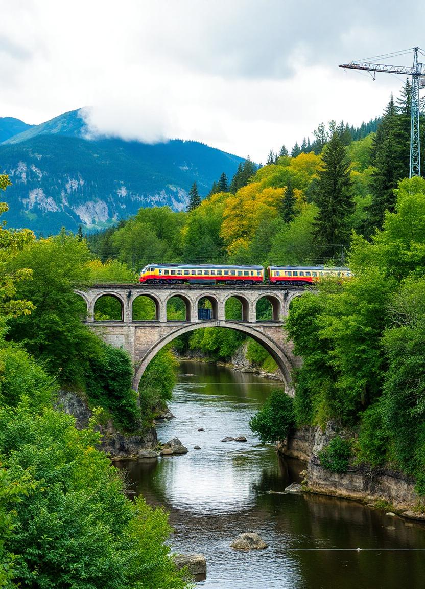 A train crosses a stone bridge over a river in the mountains A train crosses a stone bridge over a river in the mountains