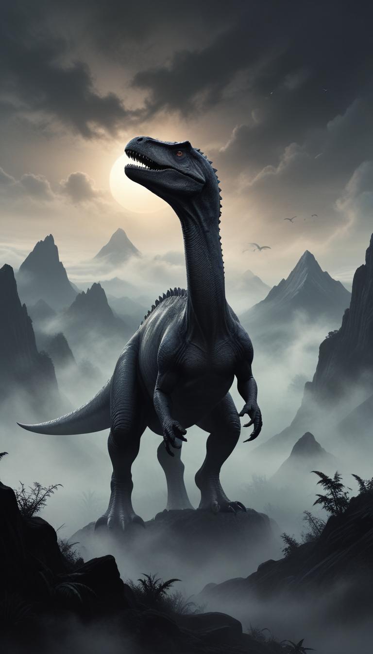 A dinosaur stands on a mountaintop in the fog A dinosaur stands on a mountaintop in the fog