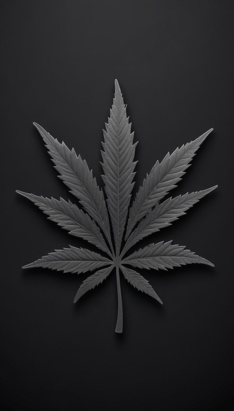 A black marijuana leaf sits on a dark surface A black marijuana leaf sits on a dark surface
