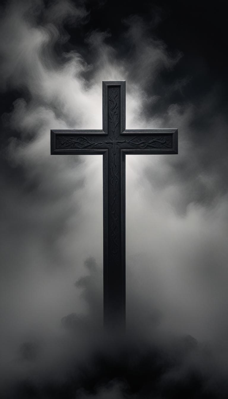 A black cross stands against a backdrop of swirling fog A black cross stands against a backdrop of swirling fog