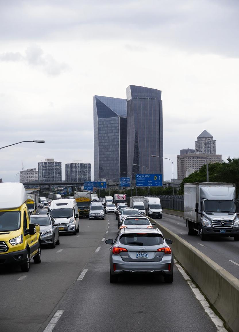 Traffic on a city highway with tall buildings Traffic on a city highway with tall buildings