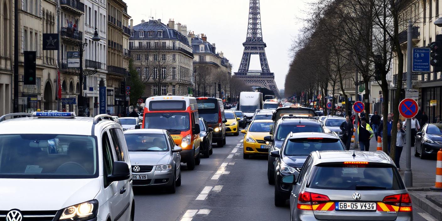 Traffic flows past the eiffel tower in paris Traffic flows past the eiffel tower in paris