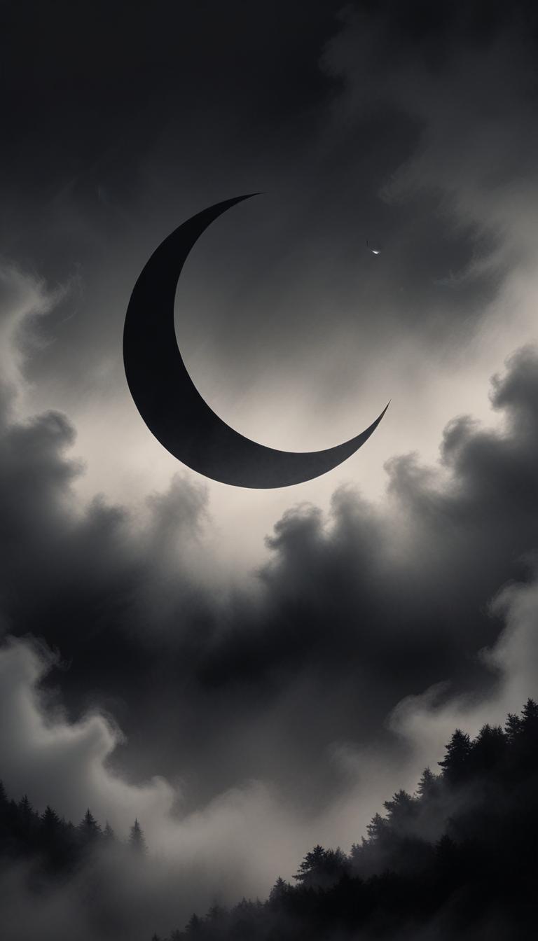Crescent moon in a misty, cloudy forest sky Crescent moon in a misty, cloudy forest sky
