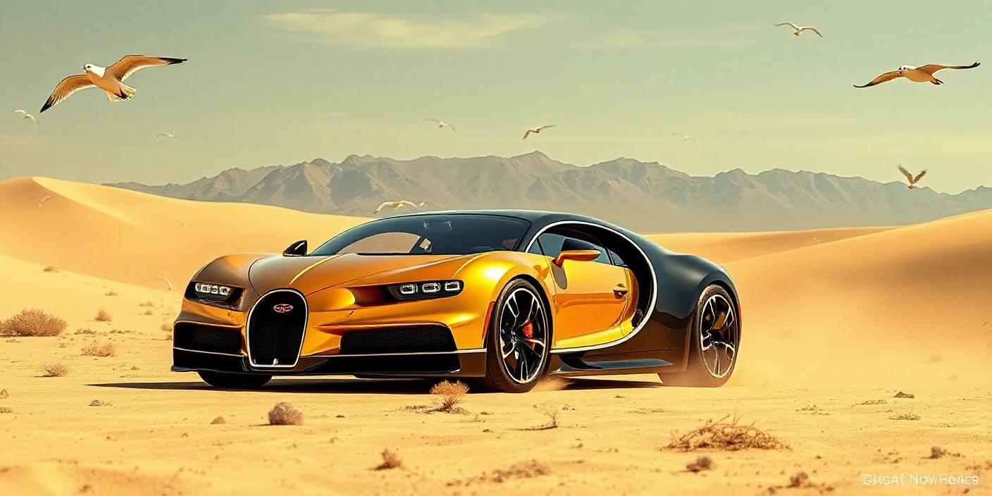 A gold sports car drives through the desert A gold sports car drives through the desert
