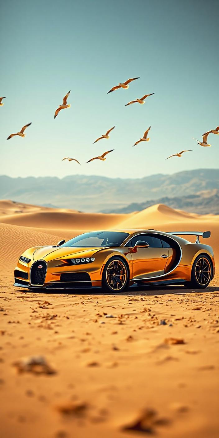 A gold sports car sits in the desert A gold sports car sits in the desert
