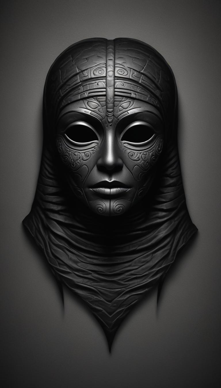A detailed, black mask with intricate designs A detailed, black mask with intricate designs