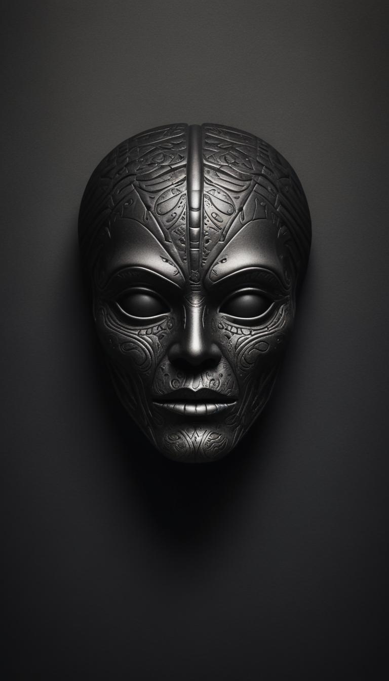 Intricate black mask rests on a dark backdrop Intricate black mask rests on a dark backdrop