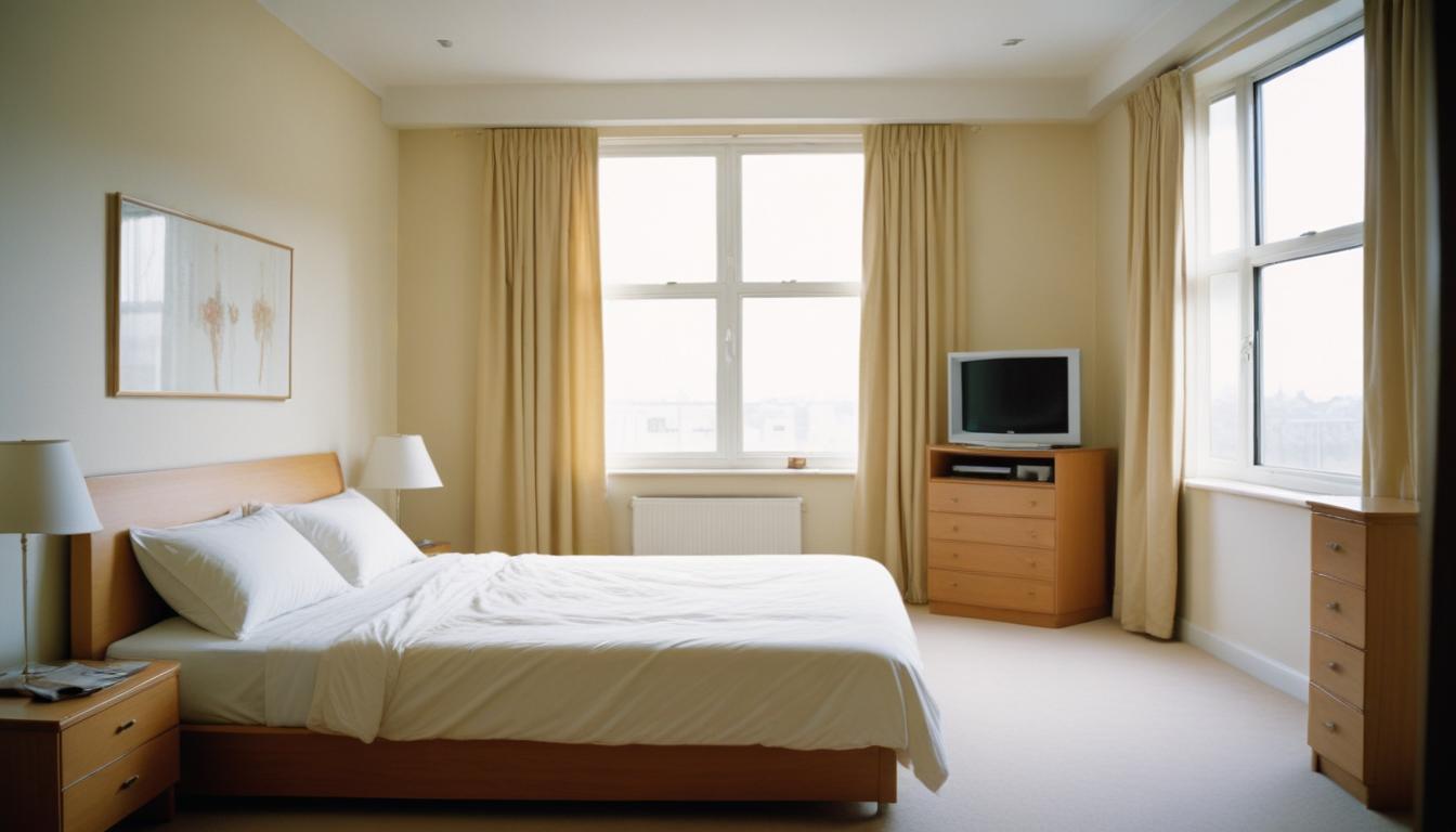 White bed with tan sheets in a bright bedroom White bed with tan sheets in a bright bedroom