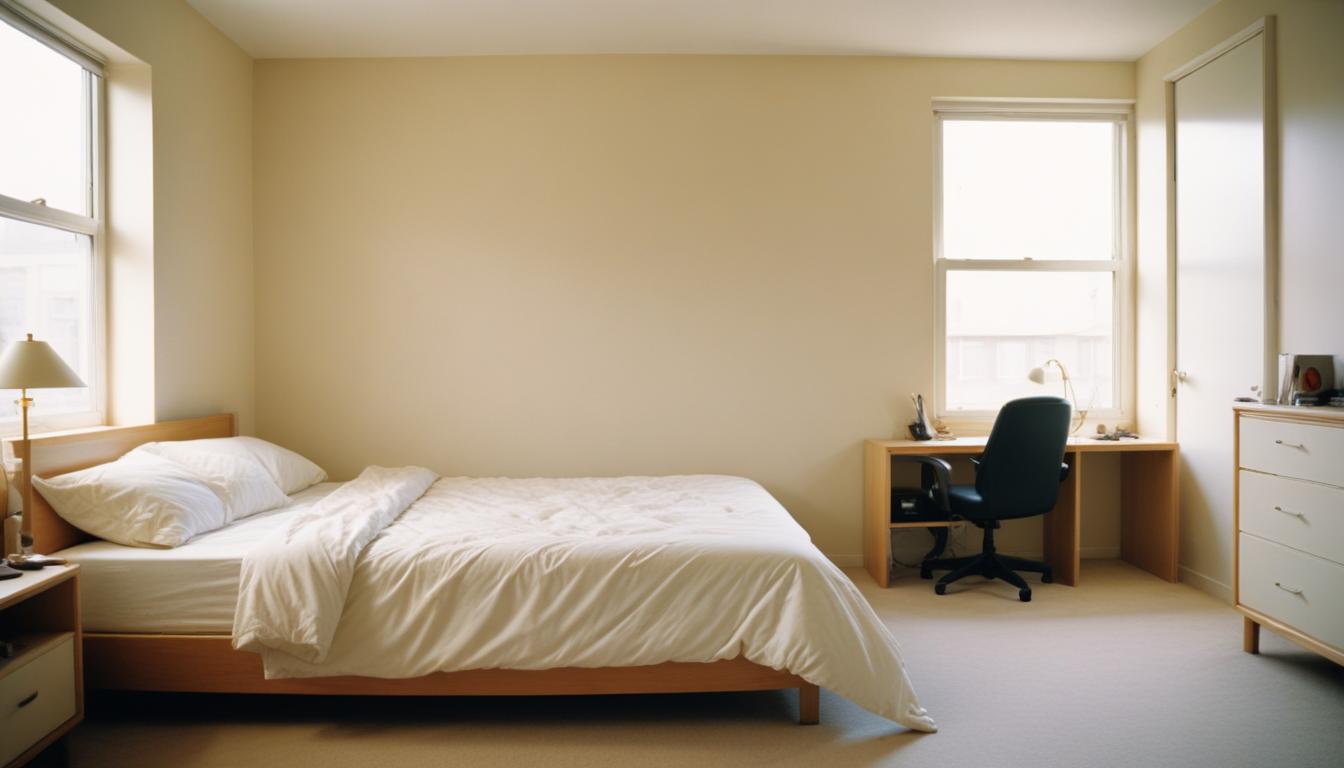 A made bed sits in a bedroom with a desk and chair A made bed sits in a bedroom with a desk and chair