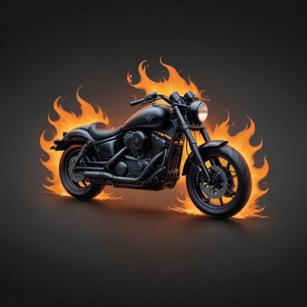 A black motorcycle is surrounded by flames A black motorcycle is surrounded by flames