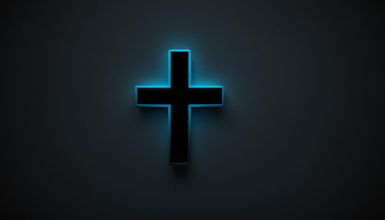 A black cross glows against a dark wall A black cross glows against a dark wall