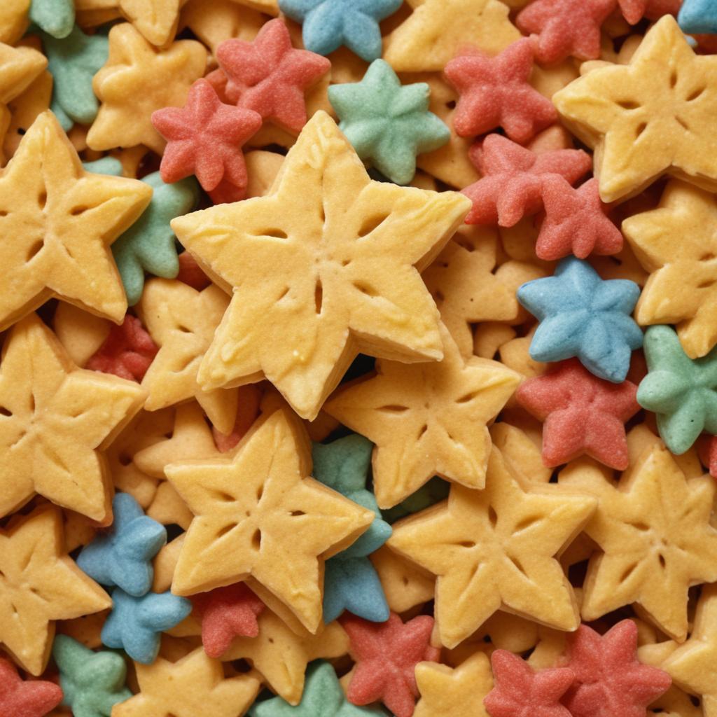 Colorful star-shaped cookies are piled high Colorful star-shaped cookies are piled high