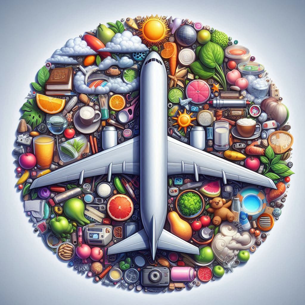 An airplane surrounded by everyday items An airplane surrounded by everyday items