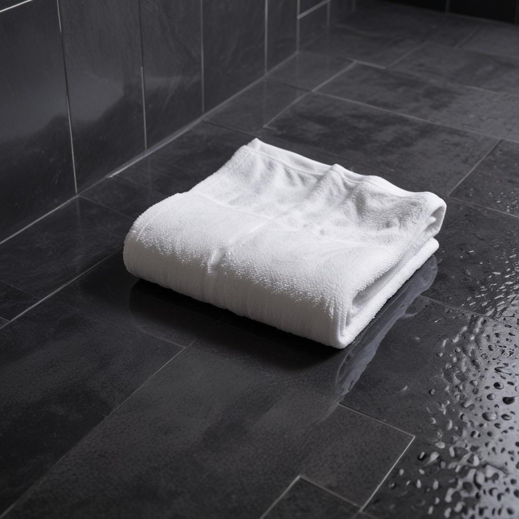 A white towel sits on a wet bathroom floor A white towel sits on a wet bathroom floor