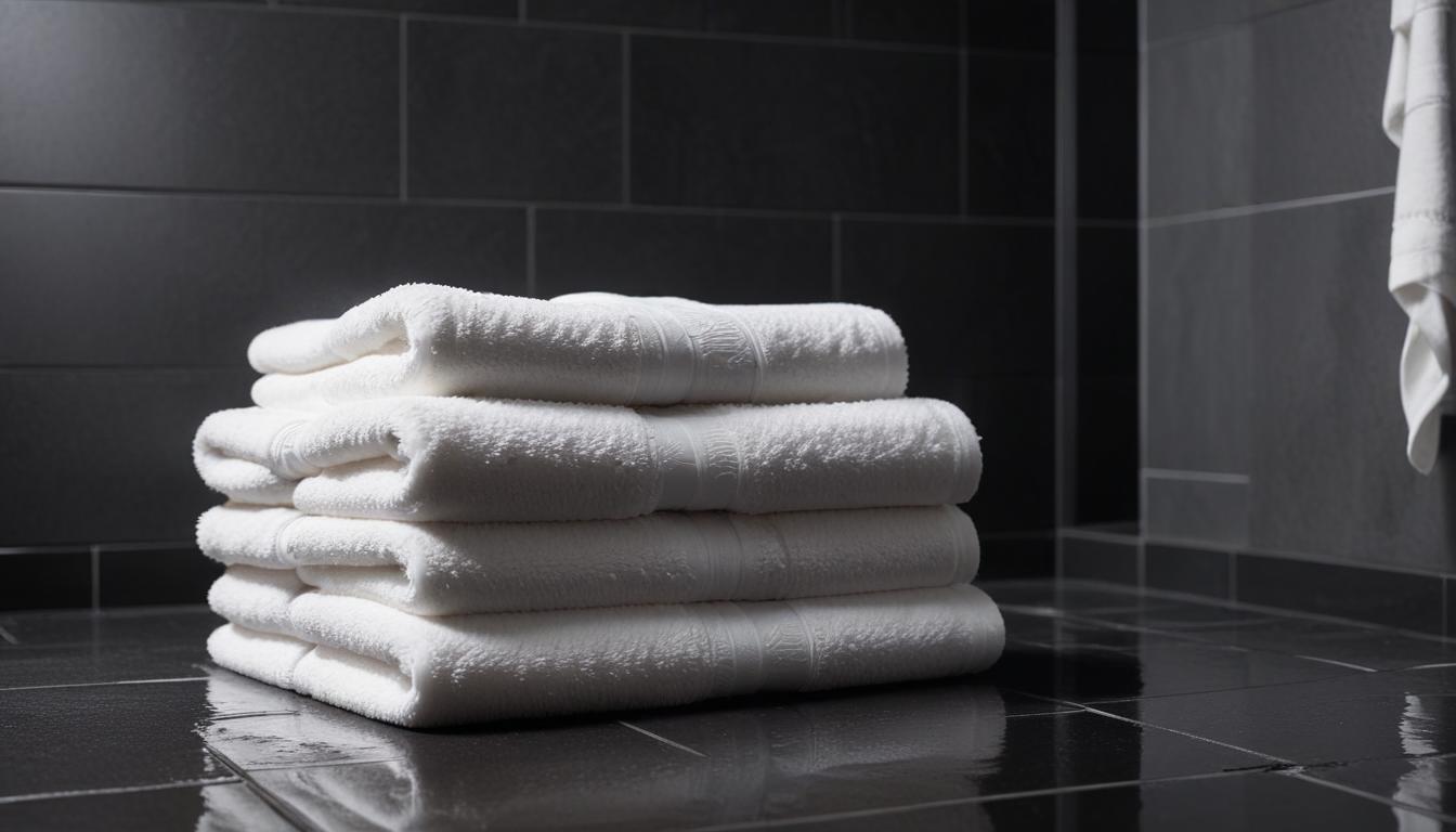 A stack of towels sits on a bathroom floor A stack of towels sits on a bathroom floor