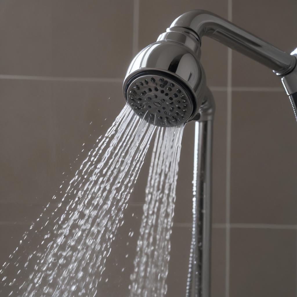 A shower head sprays water in a bathroom A shower head sprays water in a bathroom