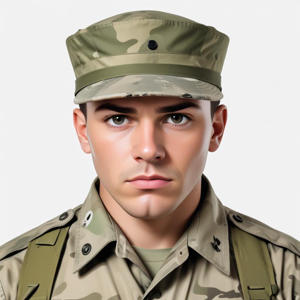A soldier in camouflage uniform looks directly at the camera A soldier in camouflage uniform looks directly at the camera