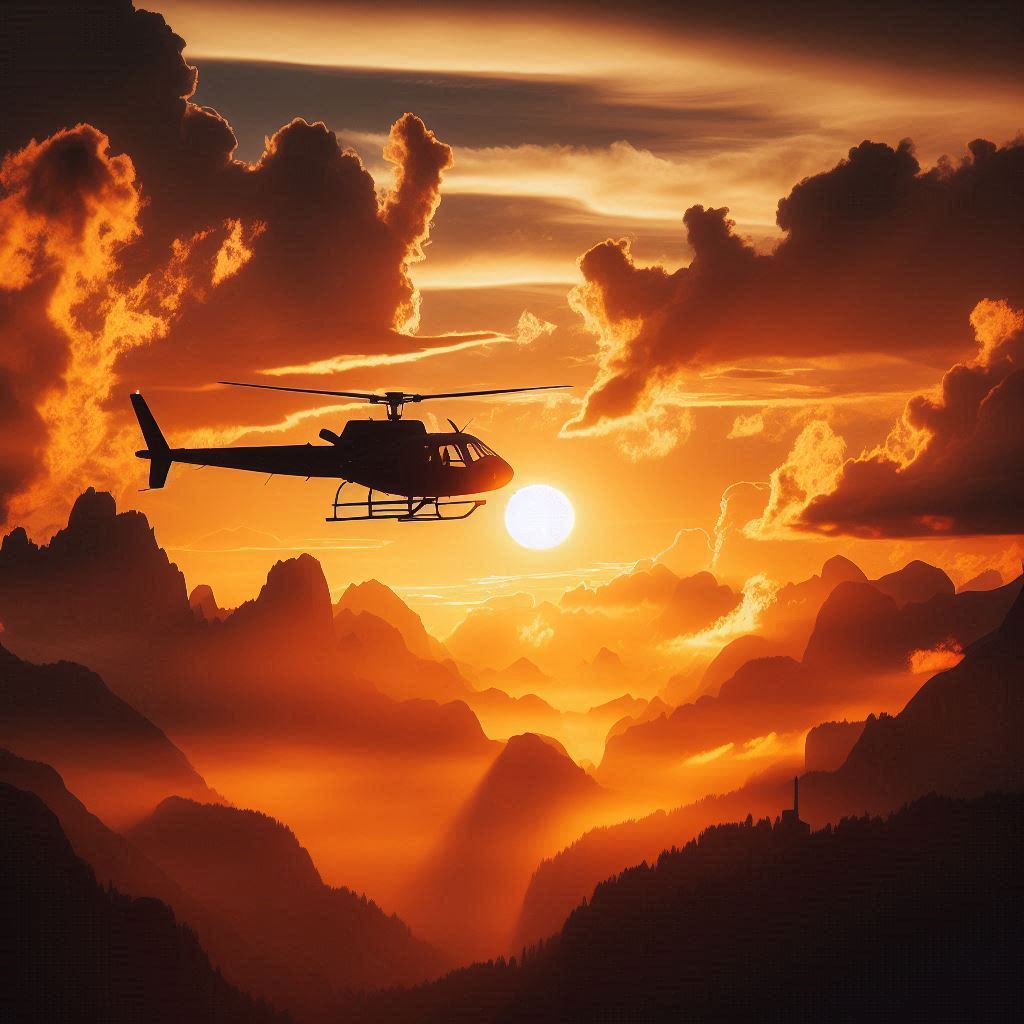 A helicopter flies over mountains at sunset A helicopter flies over mountains at sunset