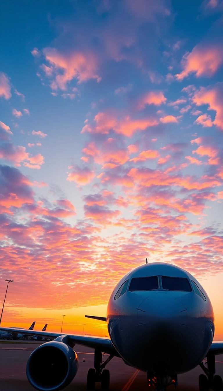 An airplane sits on the runway at sunrise An airplane sits on the runway at sunrise