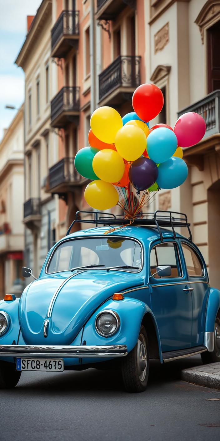 A blue car with balloons drives through the city A blue car with balloons drives through the city