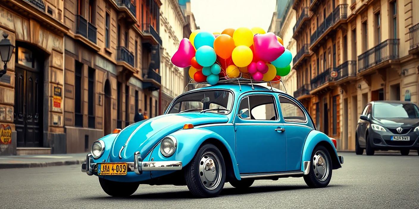 A blue beetle drives past with balloons on top A blue beetle drives past with balloons on top