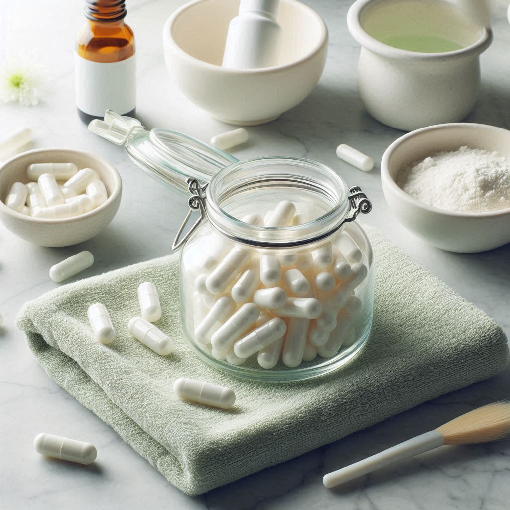 A jar of white capsules sits on a towel A jar of white capsules sits on a towel