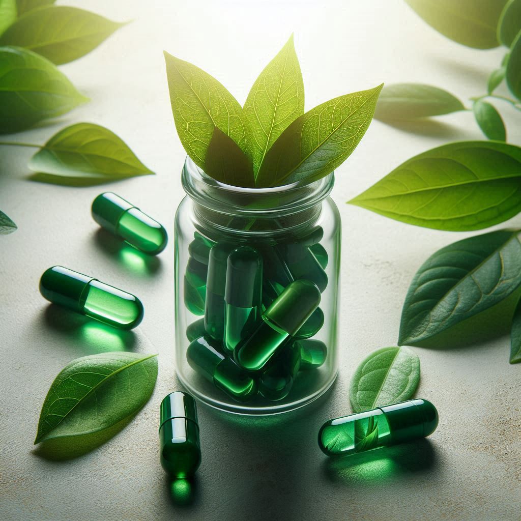 Green capsules and leaves on a white surface Green capsules and leaves on a white surface