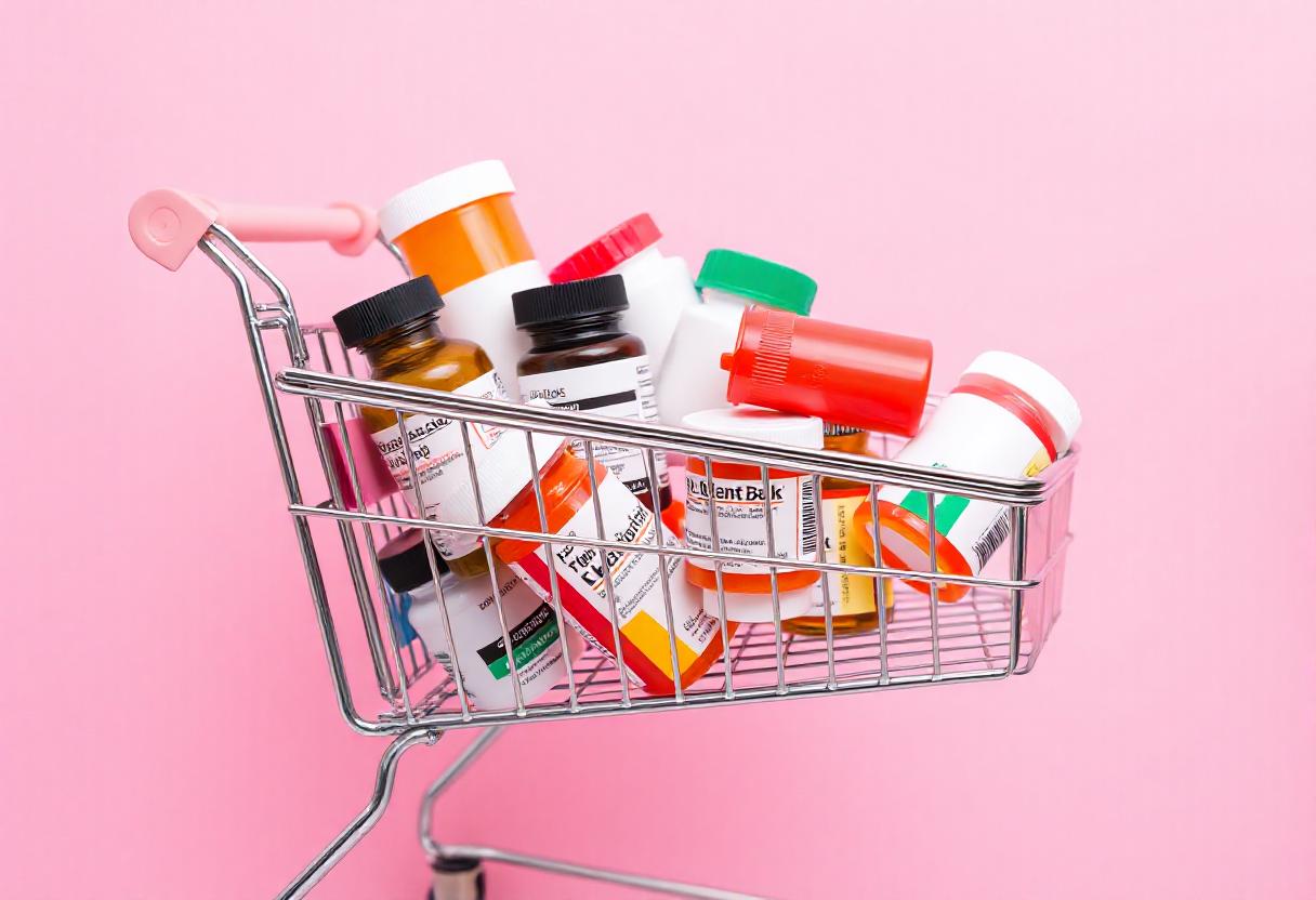 Cart of meds on pink background Cart of meds on pink background