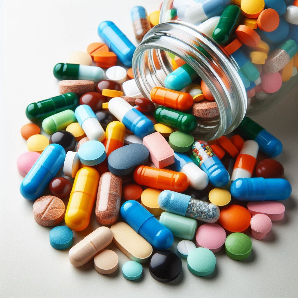 Colorful pills spill from a glass jar Colorful pills spill from a glass jar