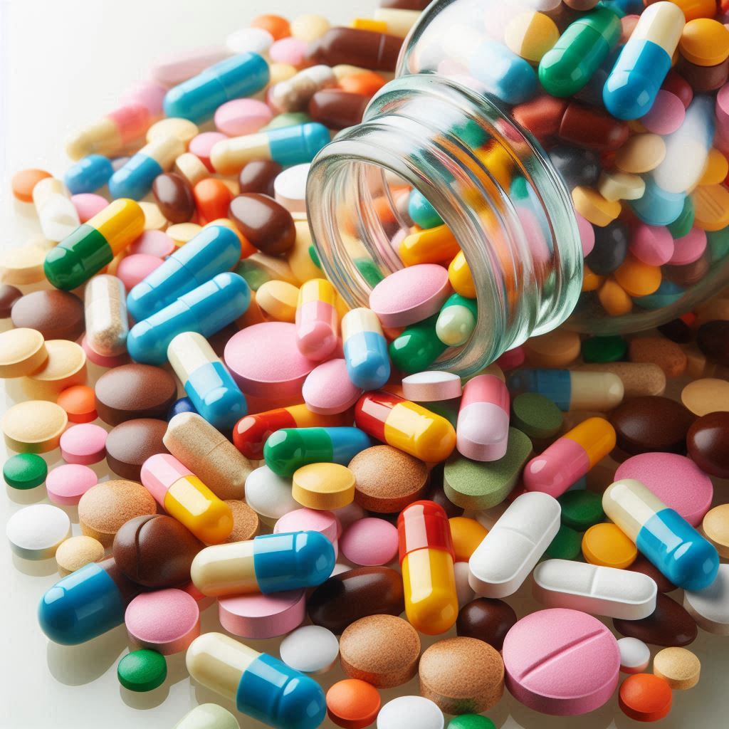 Colorful pills spill from a jar Colorful pills spill from a jar