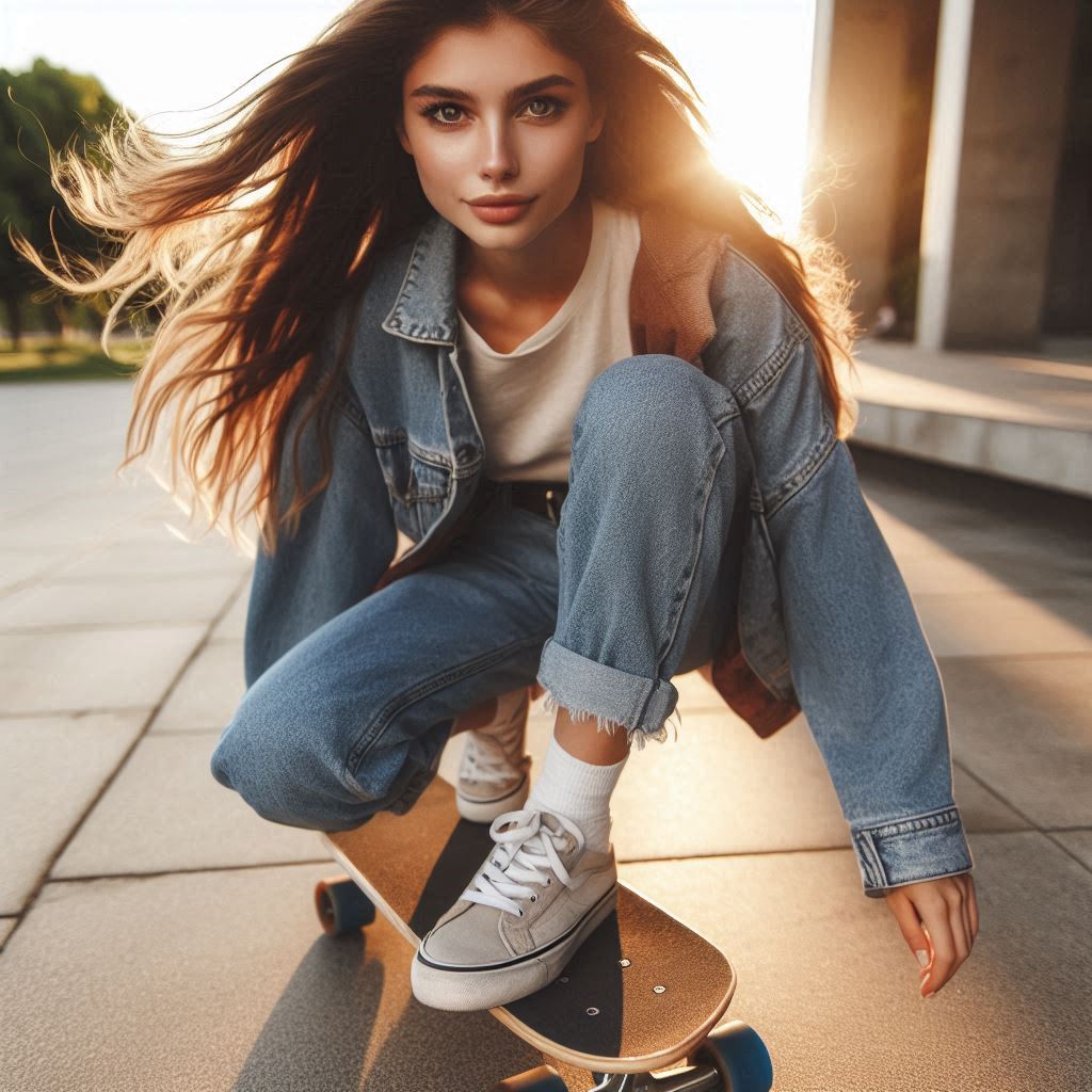 A woman sits on a skateboard while looking at the camera A woman sits on a skateboard while looking at the camera