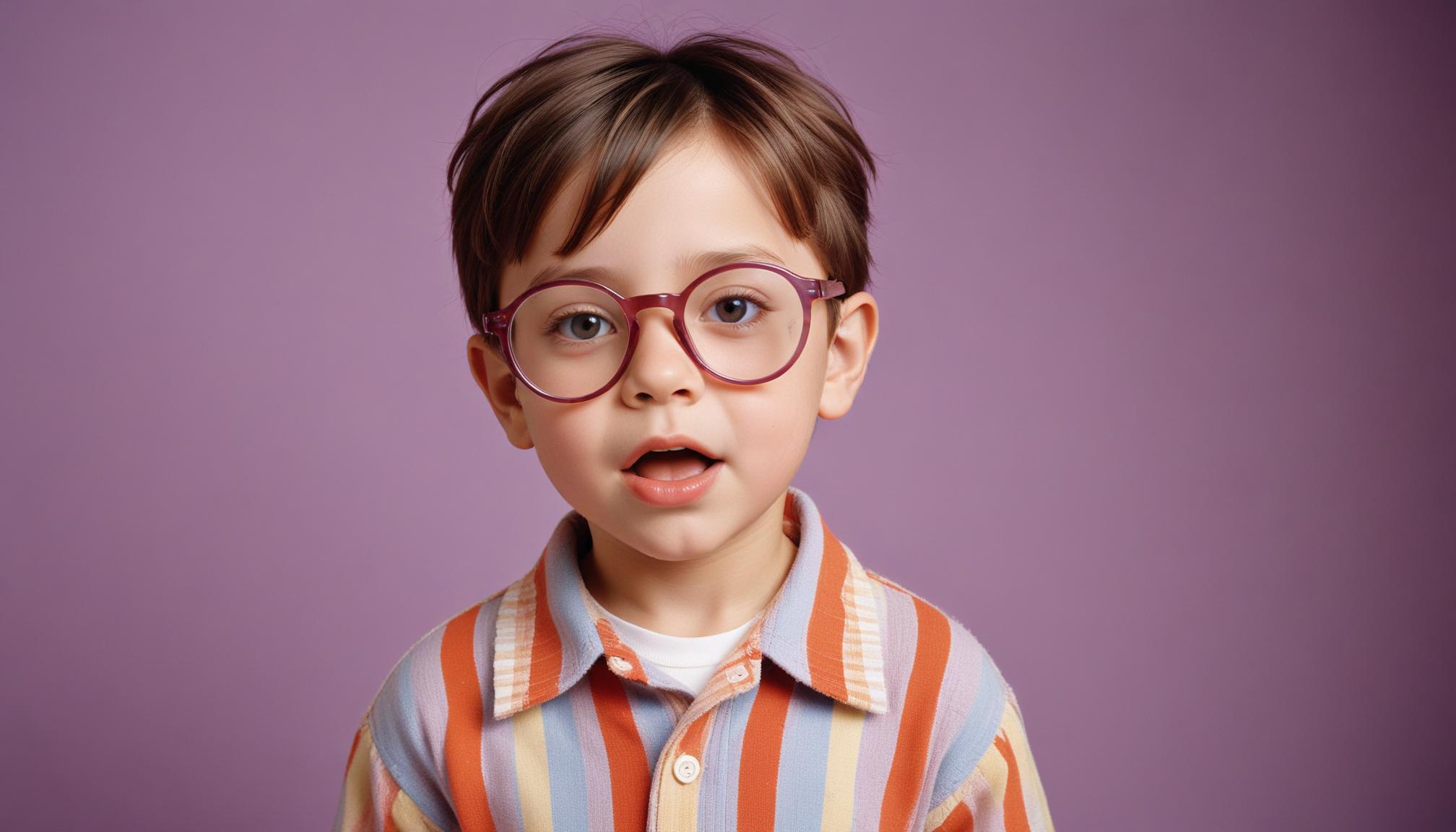 Boy in glasses smiles at camera against purple backdrop Boy in glasses smiles at camera against purple backdrop