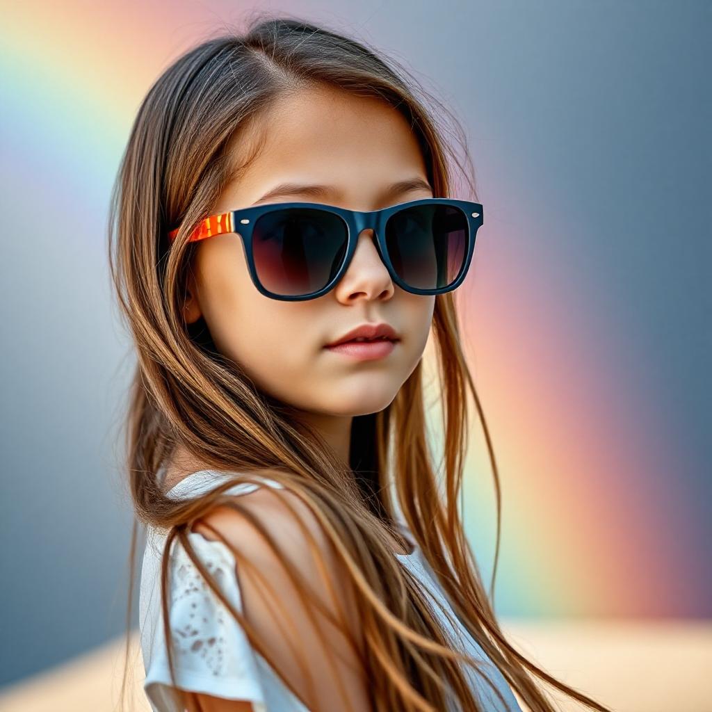 A girl wears sunglasses in front of a rainbow A girl wears sunglasses in front of a rainbow