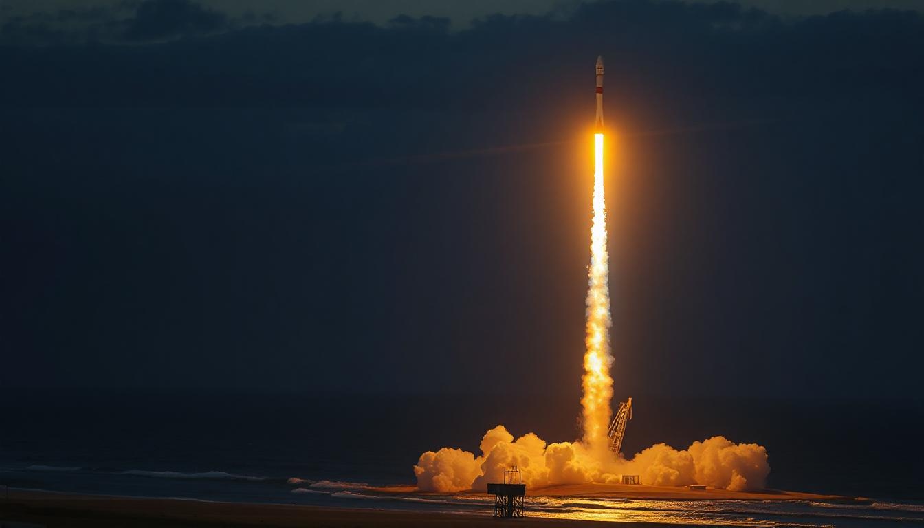 A rocket launches into the night sky A rocket launches into the night sky