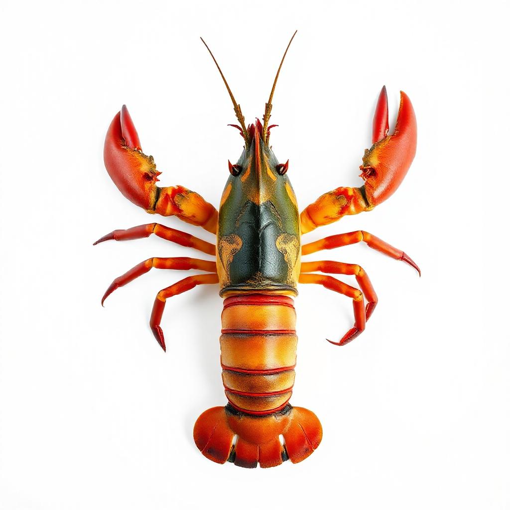 A red and black lobster sits on a white background A red and black lobster sits on a white background