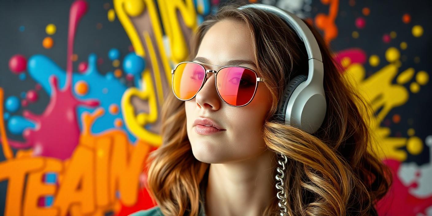 Woman enjoys music with headphones by a vibrant wall Woman enjoys music with headphones by a vibrant wall