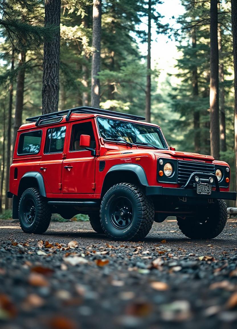 A red land rover is parked in a forest A red land rover is parked in a forest