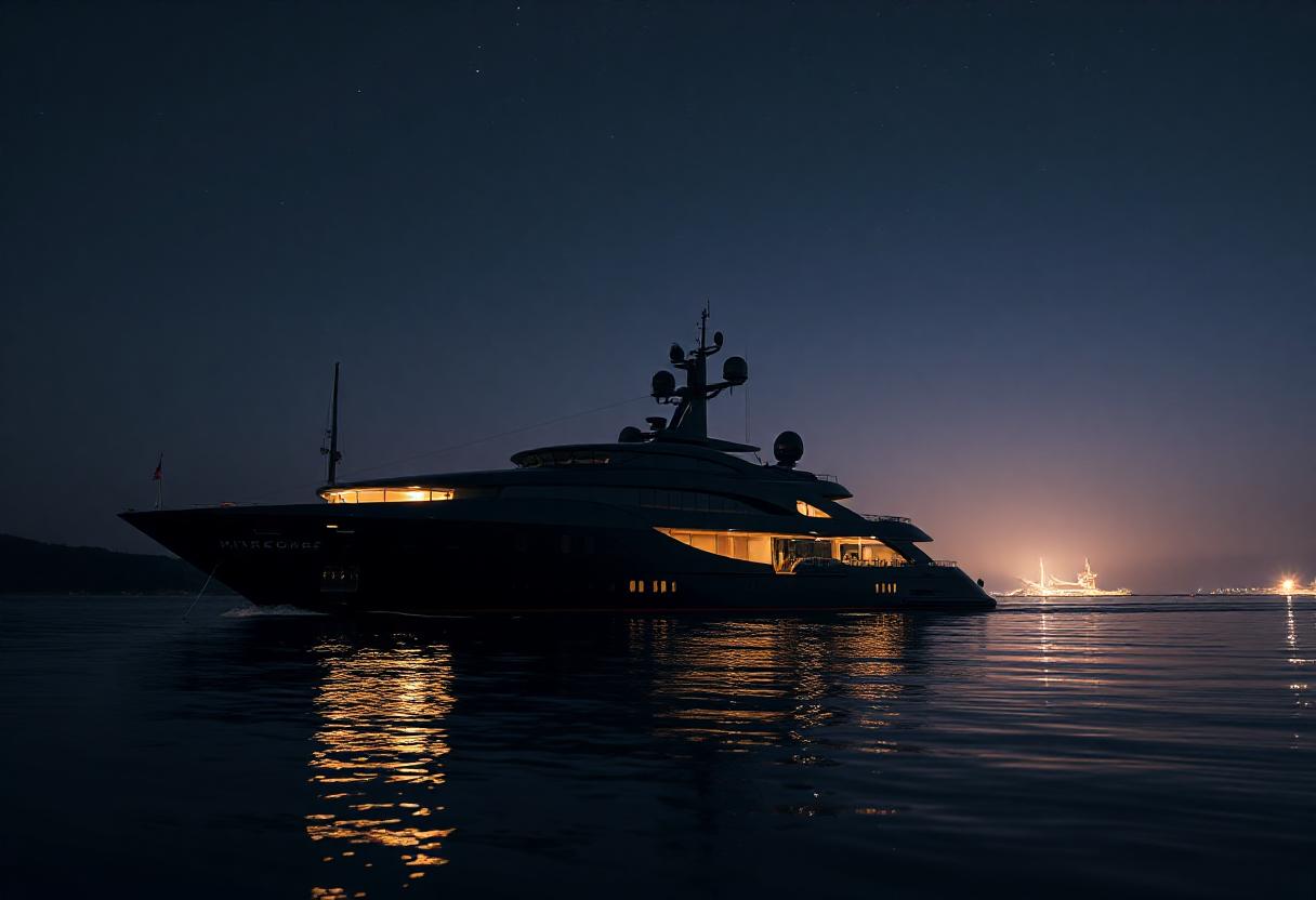 A yacht sails at night with distant city lights A yacht sails at night with distant city lights