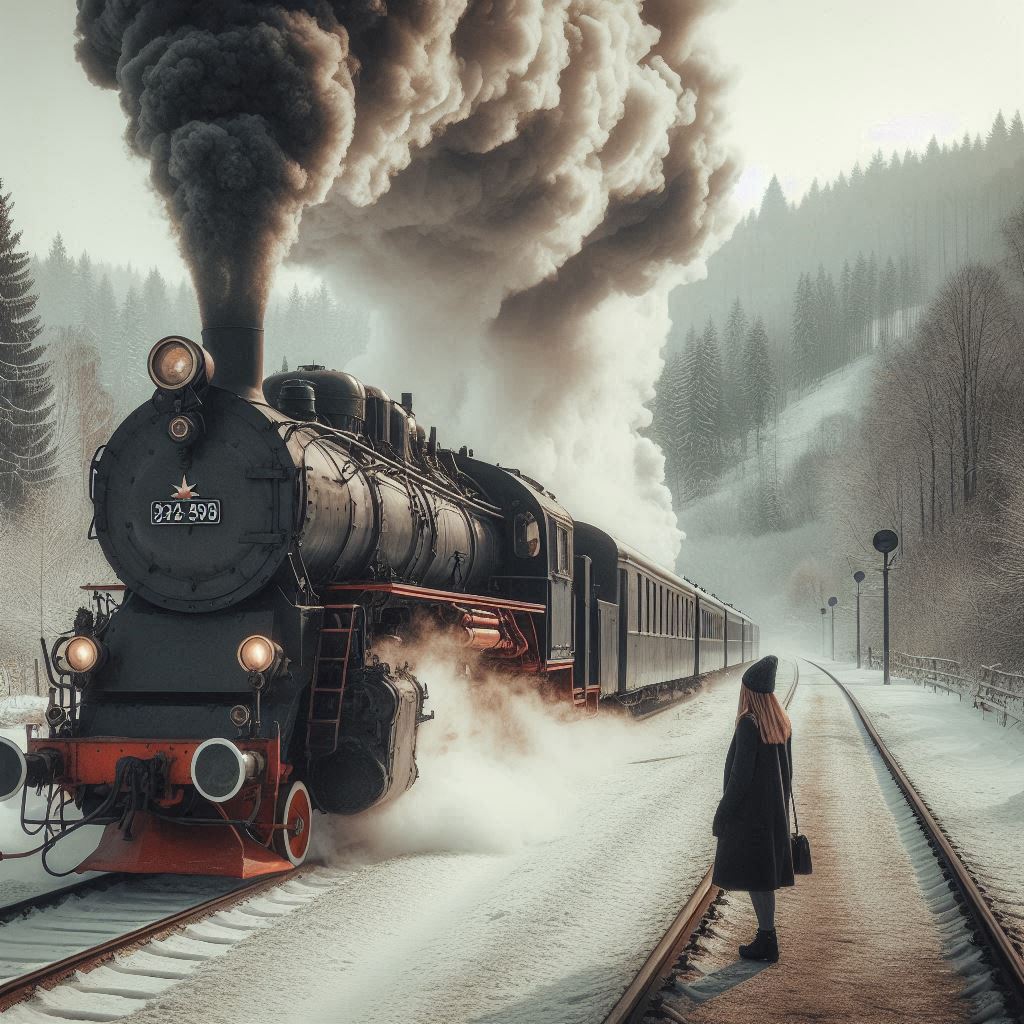 A train chugs through a snowy forest A train chugs through a snowy forest