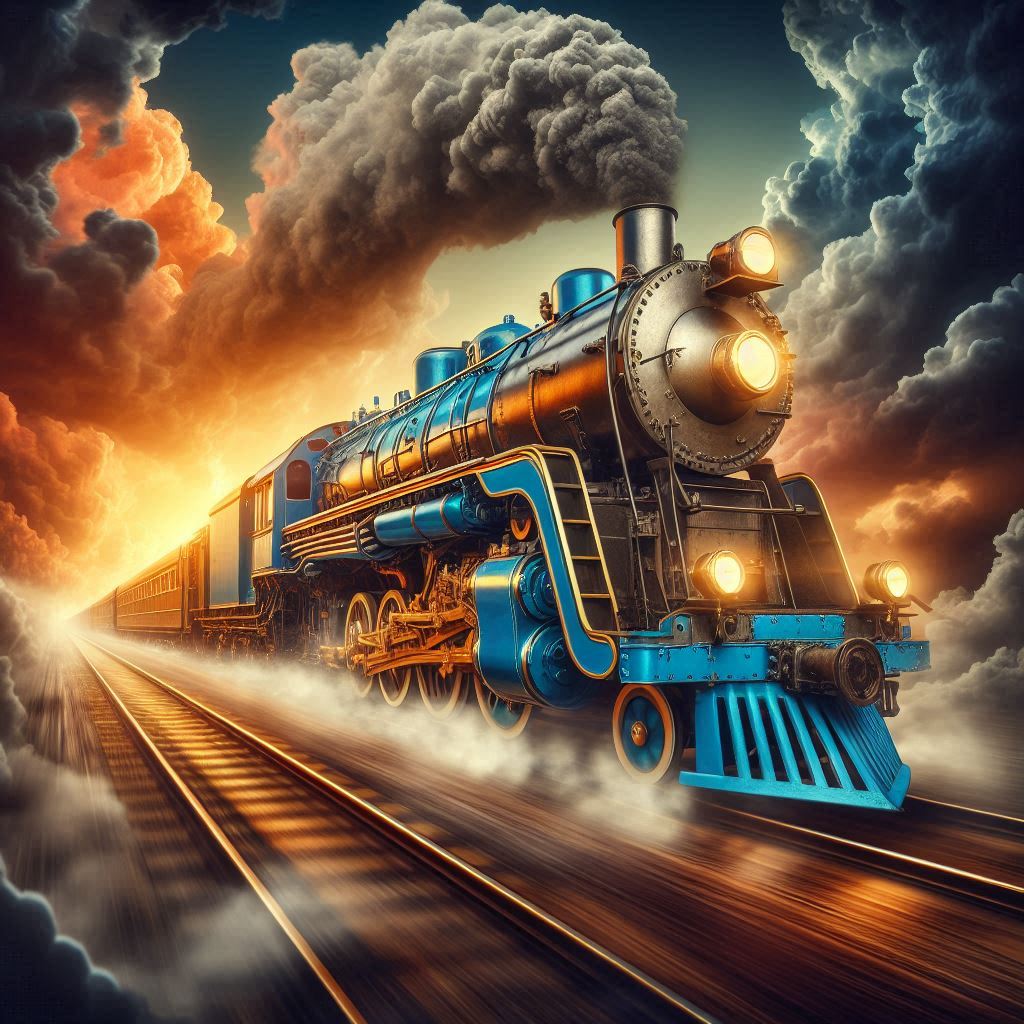 A blue train speeds through a cloudy sky A blue train speeds through a cloudy sky