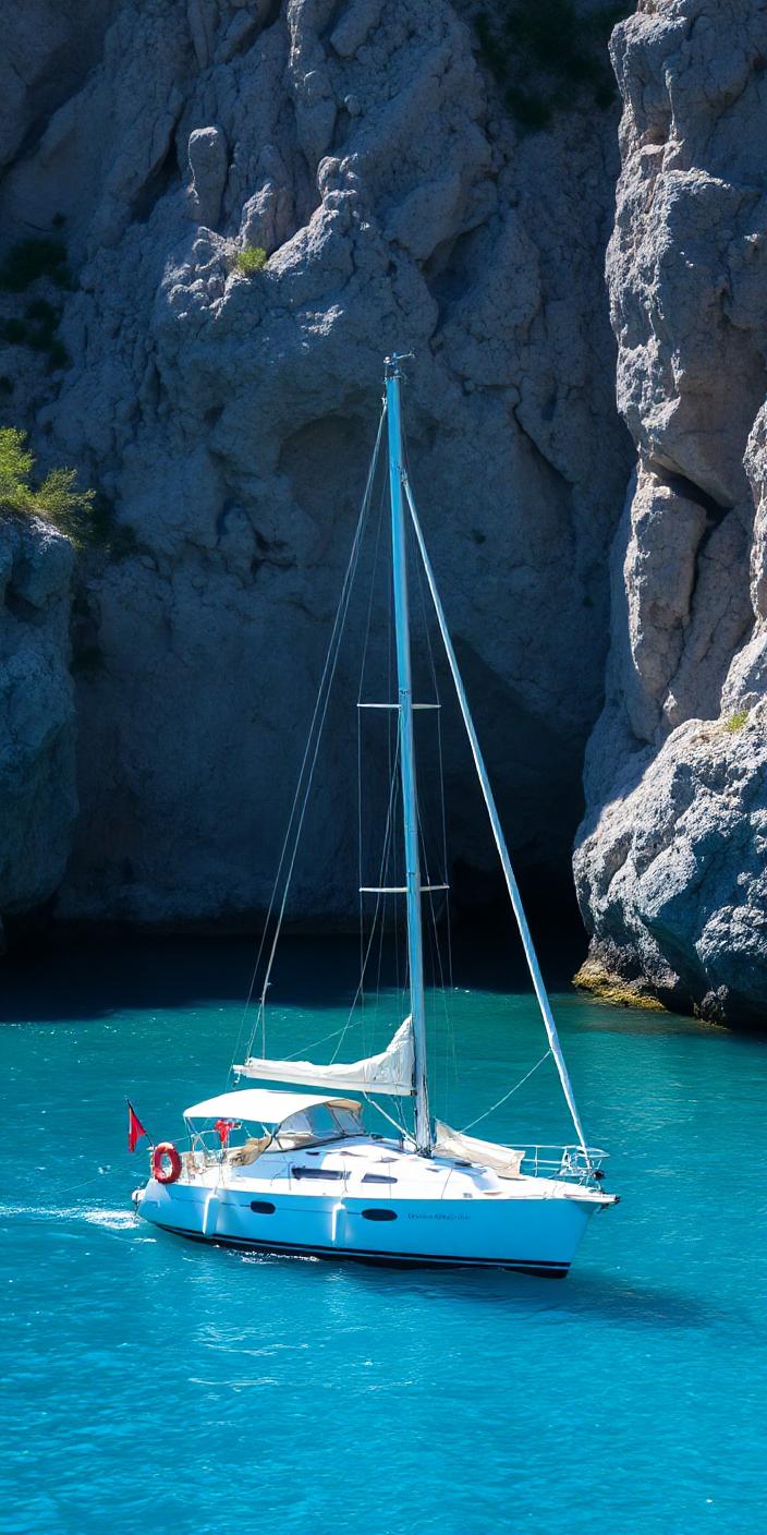 A sailboat is docked in a cove with tall cliffs A sailboat is docked in a cove with tall cliffs