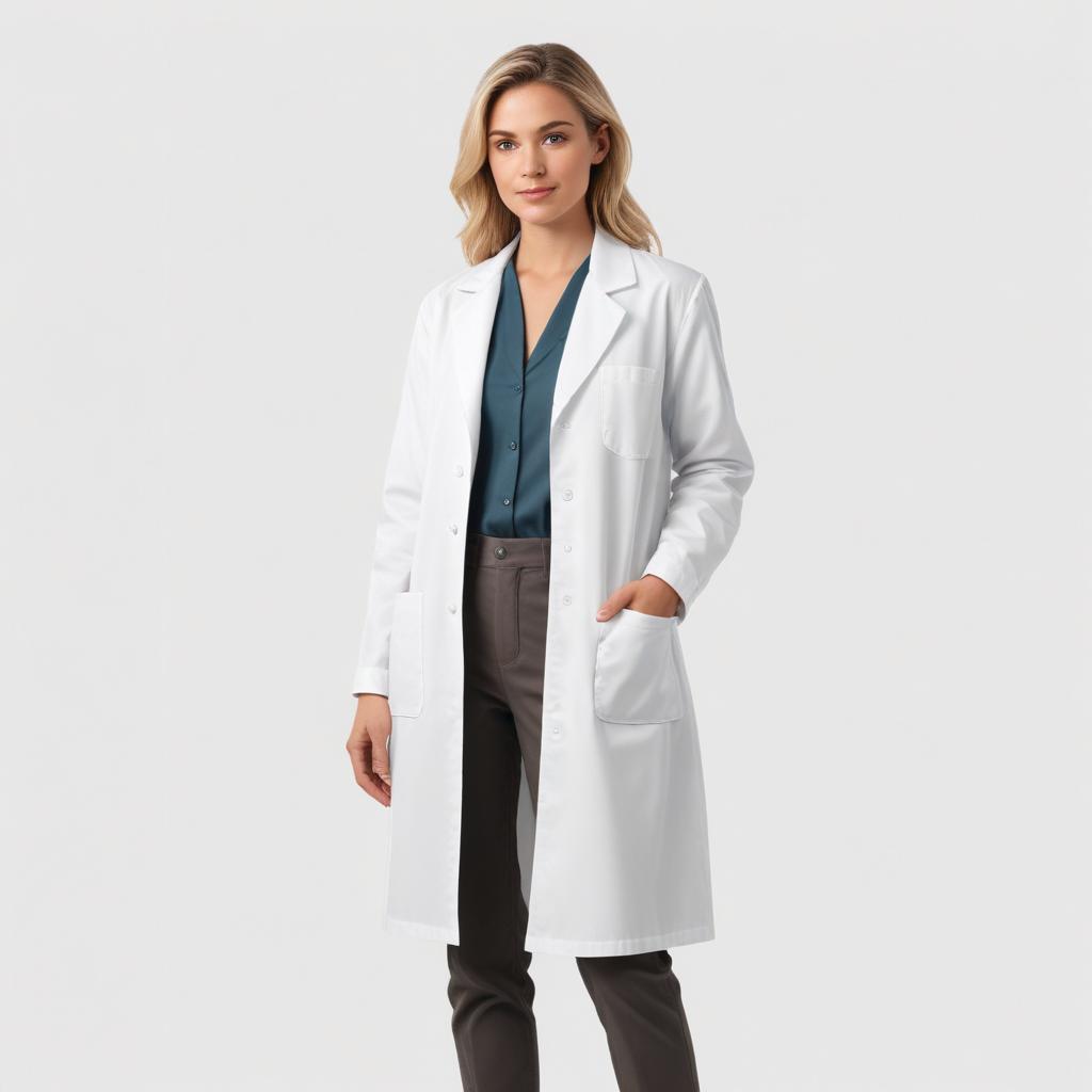 A woman wears a white lab coat A woman wears a white lab coat