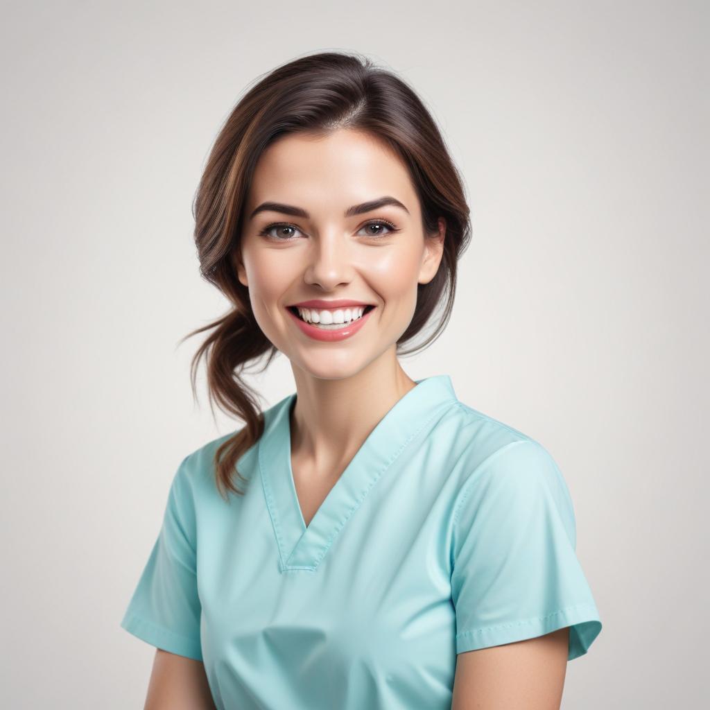 A woman in a blue scrub top smiles at the camera A woman in a blue scrub top smiles at the camera