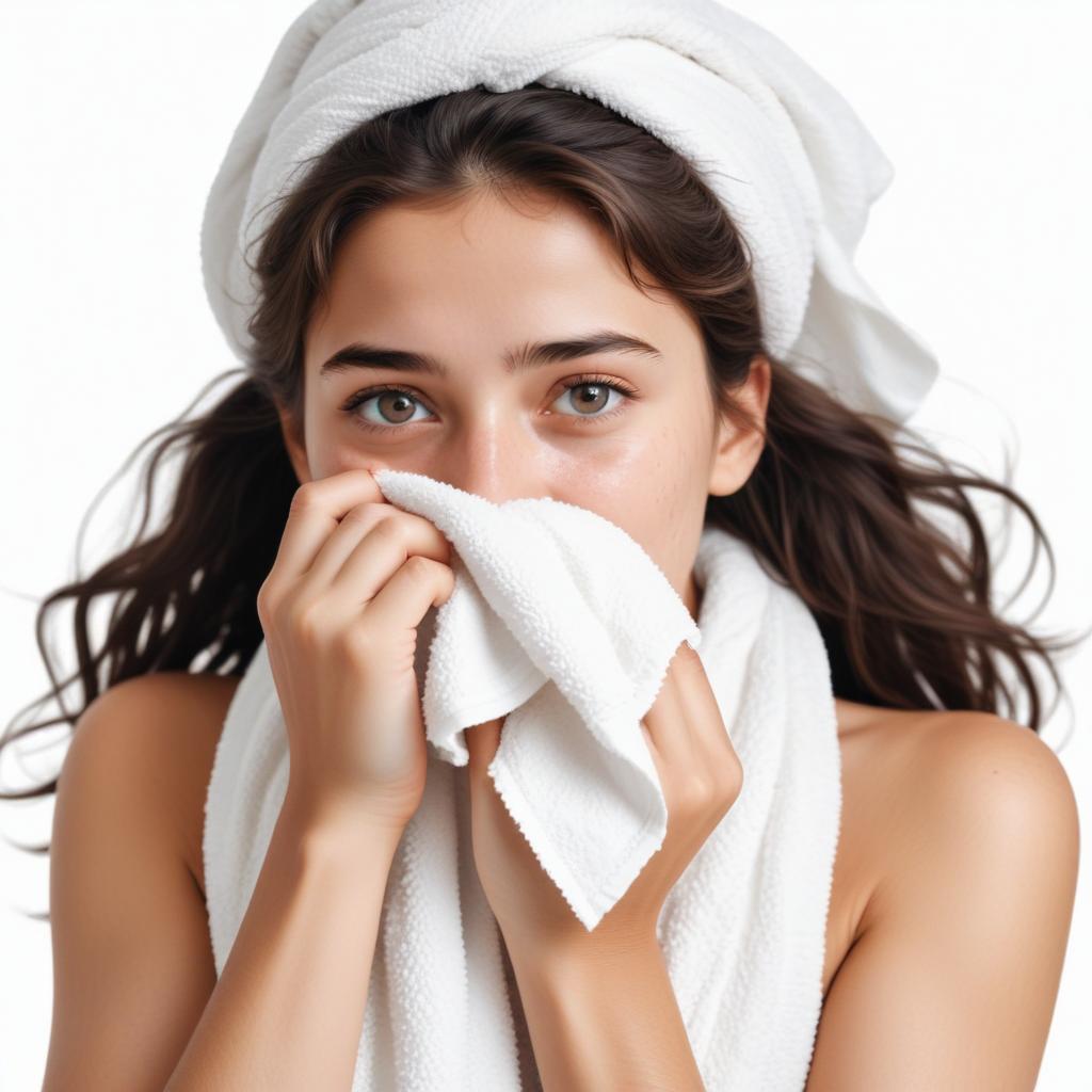 A woman with a towel on her head dries her face A woman with a towel on her head dries her face