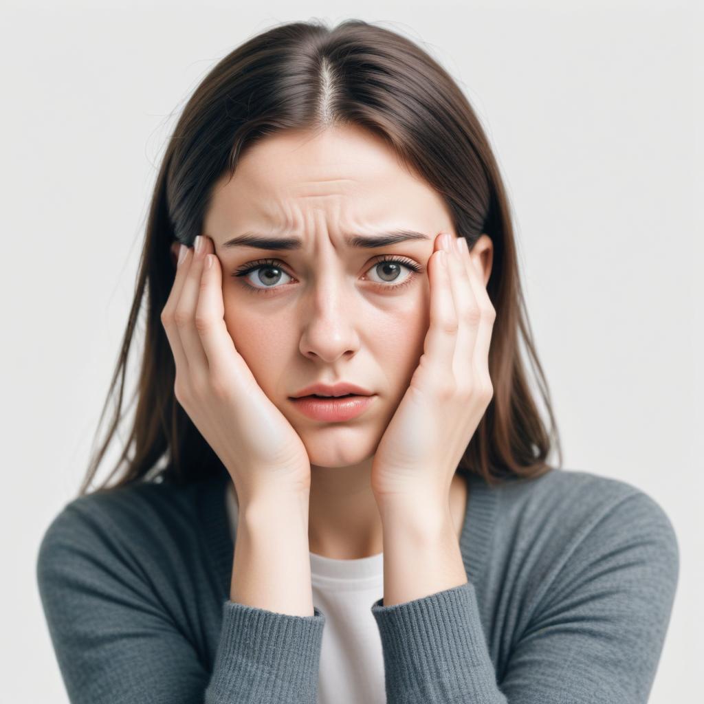 A woman looks worried while holding her head A woman looks worried while holding her head