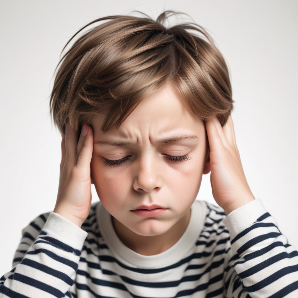 A young boy holds his head in pain A young boy holds his head in pain